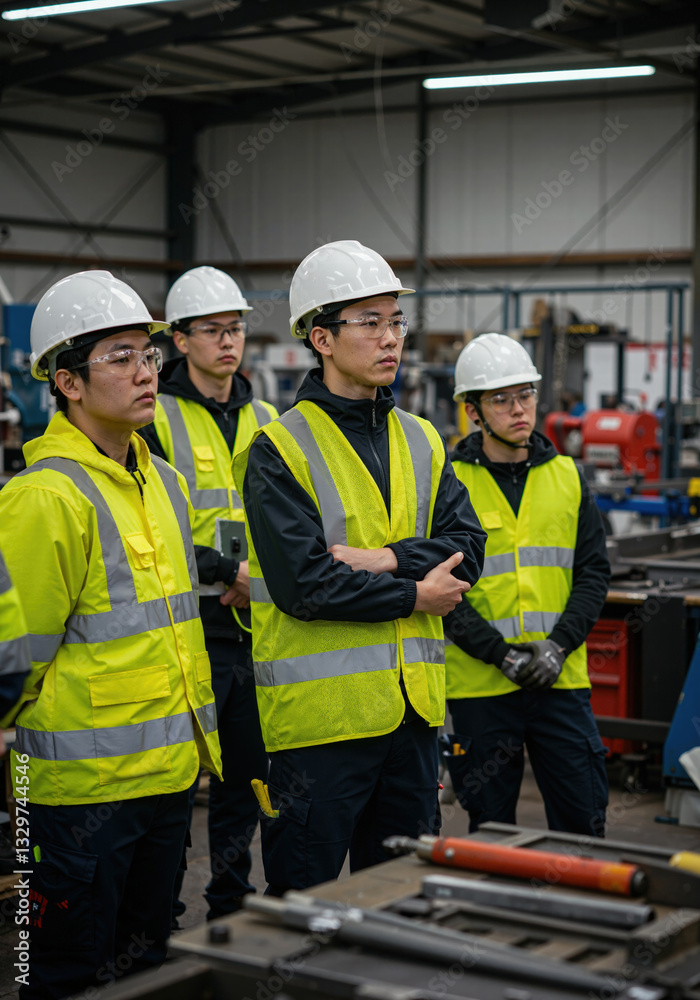 Industrial team collaboration in modern factory setting with safety gear and equipment Industrial team collaboration in modern factory setting with safety gear and equipment