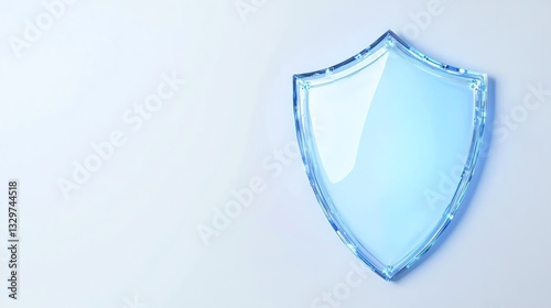 A transparent blue shield against a white background, symbolizing protection, security and defense in technology.