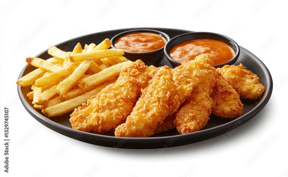 Crispy Chicken Strips with French Fries and Dipping Sauce on Plate Crispy Chicken Strips with French Fries and Dipping Sauce on Plate