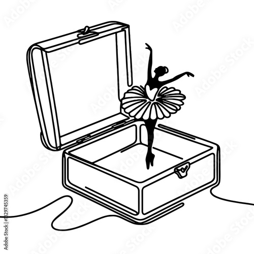 Music casket with black ballerinas, vector, black line drawing, minimalistic, single line, simple line, isolated, transparent background 