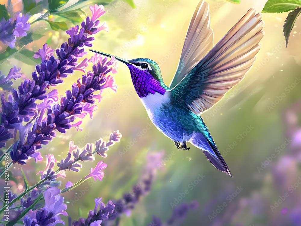 Fototapeta premium Hummingbird hovering near a blooming lavender flower.