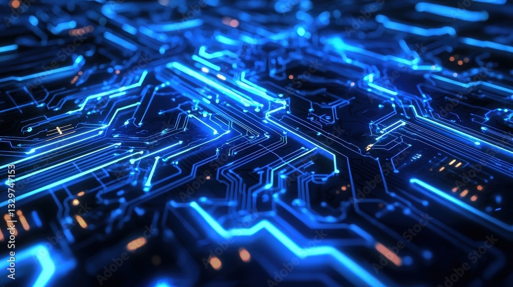 Futuristic illuminated circuit board with complex blue lines and nodes. High-tech design for computing, data flow, and digital connectivity concepts. Futuristic illuminated circuit board with complex blue lines and nodes. High-tech design for computing, data flow, and digital connectivity concepts.