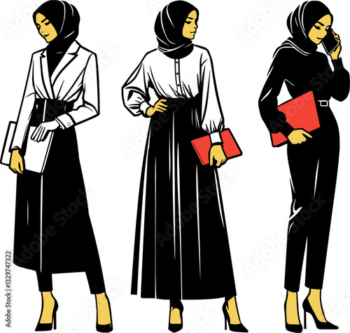 A vector silhouette of professional Muslim women in various poses and outfit styles, perfect for graphic design, illustration, and branding elements.