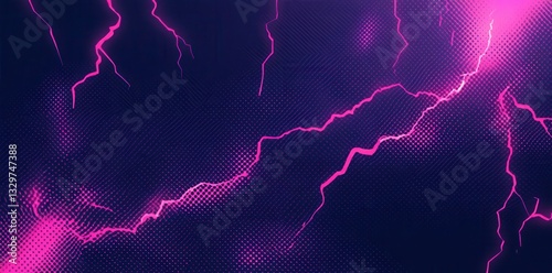 Pink lightning strikes on dark purple background with halftone dots