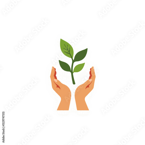 Hands nurturing green plant in minimalistic design, growth concept