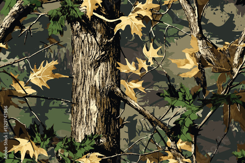 Realistic forest camouflage. Seamless pattern. Vector camouflage pattern. Deer hunting background. Conifer tree, branches and leaves. Useable for hunting and military purposes.