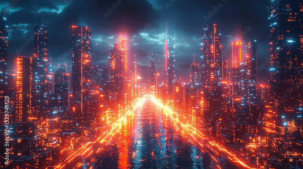 Fototapeta premium Futuristic cityscape at night urban landscape digital art neon lights high perspective tech vibes