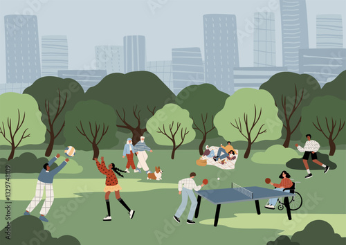 illustration of a public park with diverse people enjoying outdoor activities like table tennis, walking dogs, and socializing. Greenery, benches, and skyscrapers in the background. Flat vector.