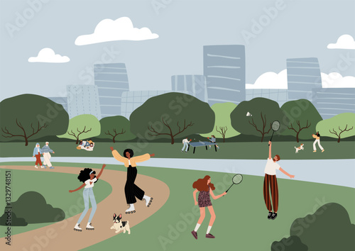 illustration of a park with people jogging, playing badminton, and walking pets. Urban greenery with tall buildings, walking paths, and trees. Active lifestyle concept. Flat vector illustration.