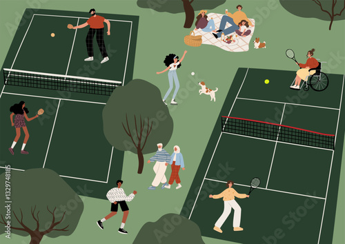 Illustration of a tennis court and pickleball court with people playing and a group enjoying a picnic nearby. Green park with sports lovers. Active outdoor leisure scene. Flat vector illustration.