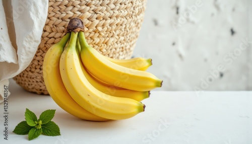 A bunch of yellow fruit is near a basket and leaves