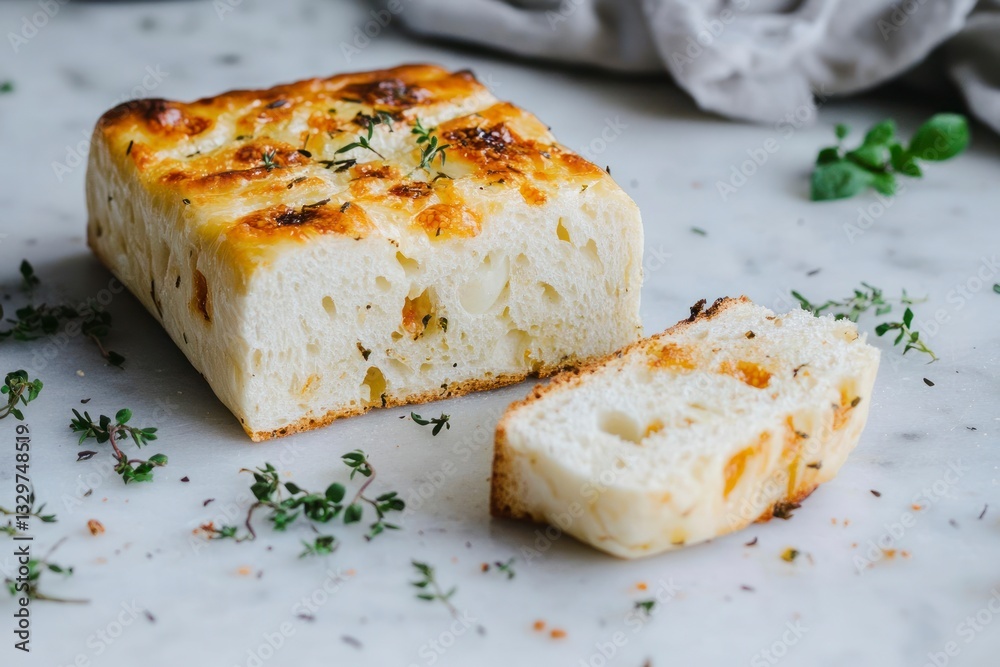 Slices of Focaccia Bread with Garlic and Herbs on Marble Surface