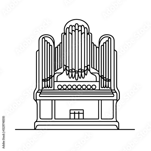 Organ musical instrument, vector, black line drawing, minimalistic, single line, simple line, isolated, transparent background 