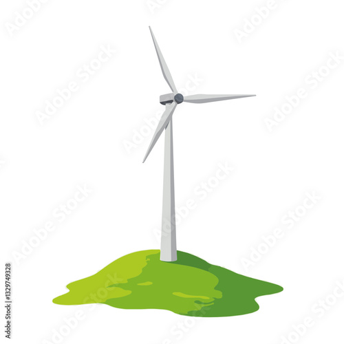 Illustration of a wind turbine on grassy hill, renewable energy concept