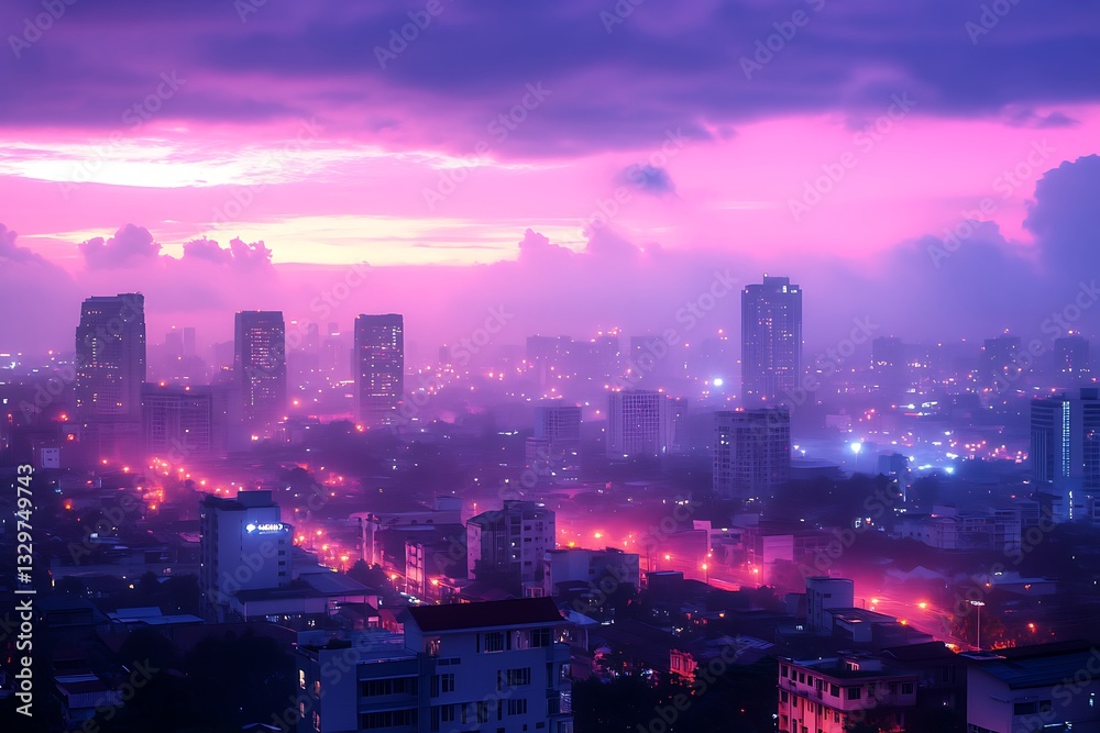 Obraz premium Pink sunset over hazy city skyline.