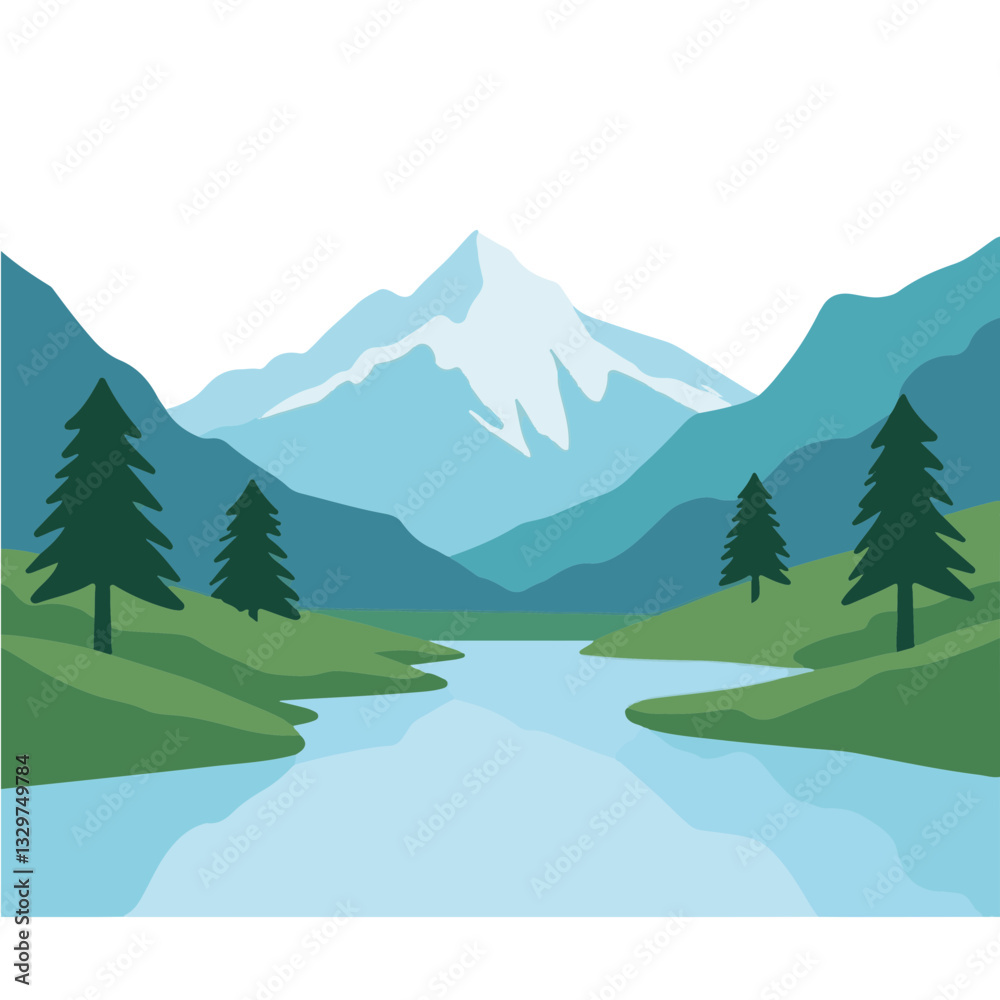 Fototapeta premium Serene river flowing through geometric mountains, peaceful landscape