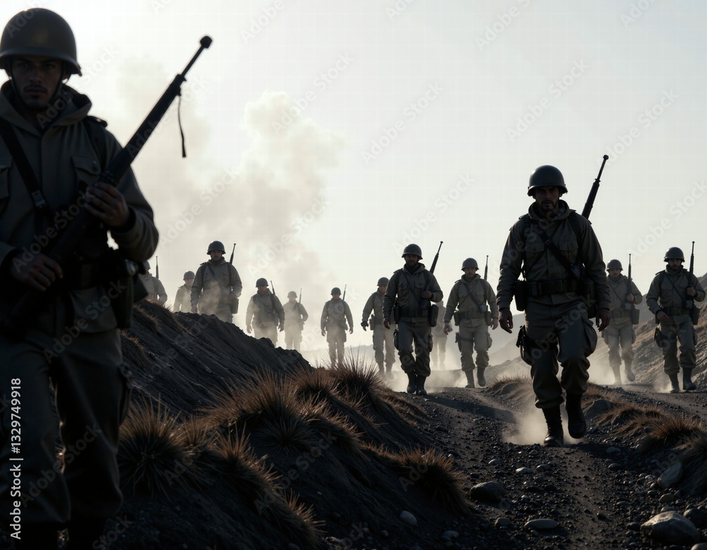 Historical military march at dawn in rugged terrain highlighting soldiers determination and unity Historical military march at dawn in rugged terrain highlighting soldiers determination and unity