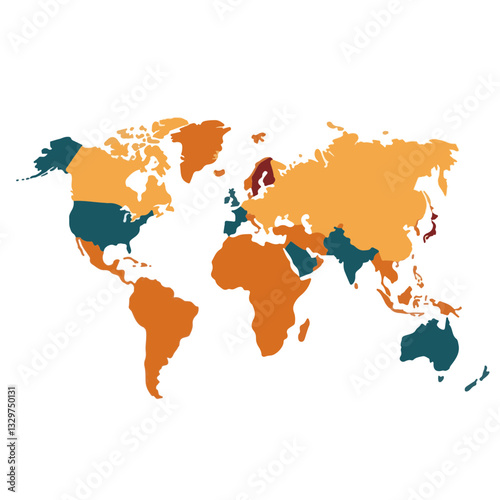 Flat vector world map highlighting Asia with geometric shapes, geography