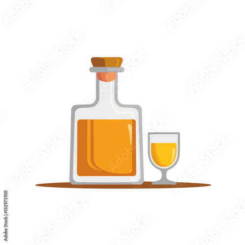 Tequila bottle and shot glass on white background, minimalism