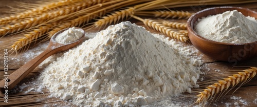 Obraz na płótnie The pile of flour and wheat grains in a wooden spoon and bowl on a wooden surface. w salonie