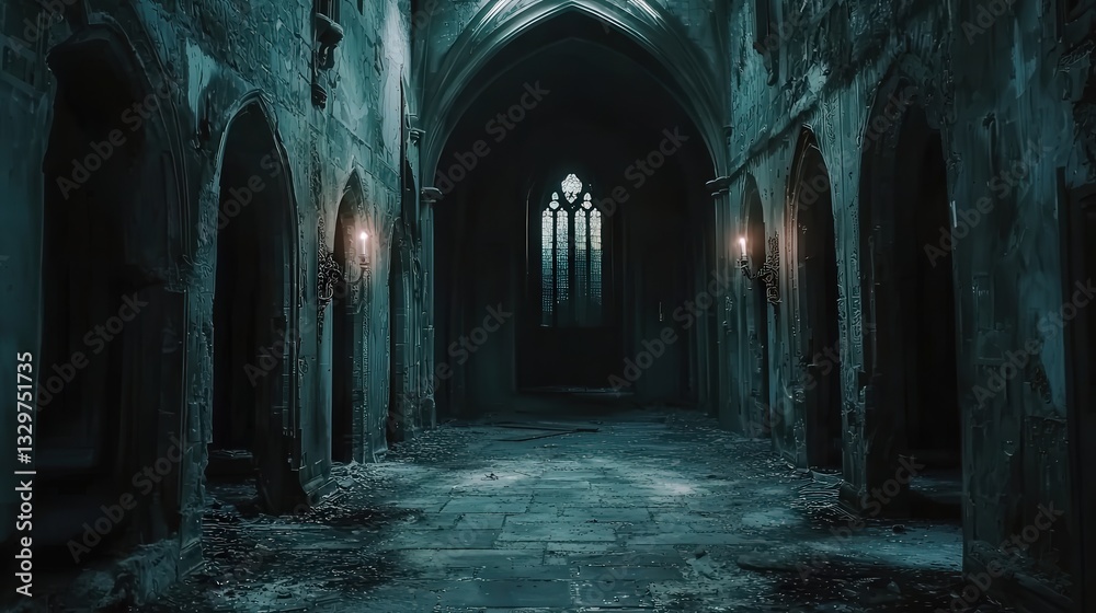 Mysterious illuminated hall with gothic arches and stone floor bathed in a cool palette and gothic window adding a sense of depth to the eerie setting Mysterious illuminated hall with gothic arches and stone floor bathed in a cool palette and gothic window adding a sense of depth to the eerie setting