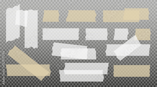 Scotch tape. Sticky paper tape. Adhesive Transparent sticky stripe. Sticker for collage, fixing photo notes. Vector