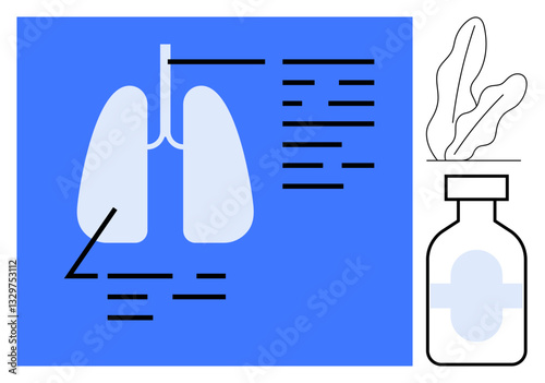 Lungs with annotated diagram on blue background alongside a pharmaceutical bottle and plant element. Ideal for healthcare, respiratory care, medical research, treatment concepts, wellness