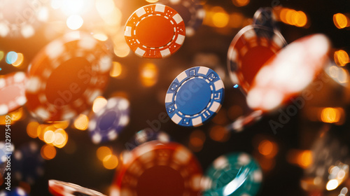 Poker chips falling, close up of a poker chip, background for casino