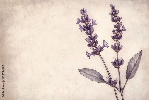 Intricate lavender sprig illustration in vintage botanical style, faded parchment background