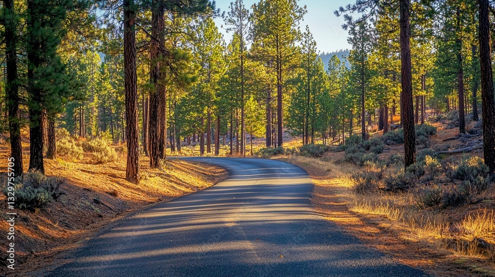 Obraz premium A winding road surrounded by tall trees on a sunny day.