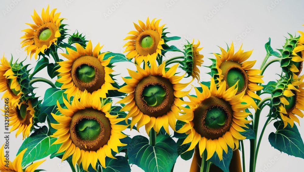 Fototapeta premium Sunflowers displayed against a white background.