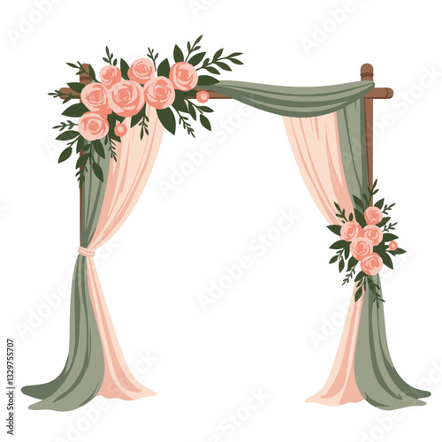 Ornate wedding arch adorned with flowers on white background, celebration