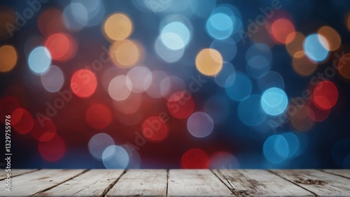 Rustic wood board mockup surface with red white and blue patriotic colors bokeh light background
