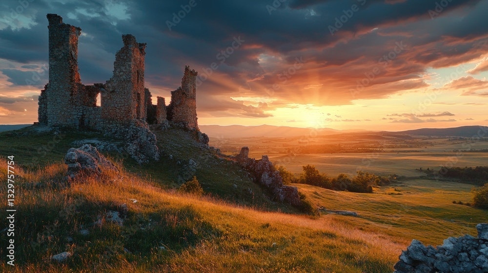 Fototapeta premium Crumbling castle ruins standing on a hill with a dramatic sunset backdrop.