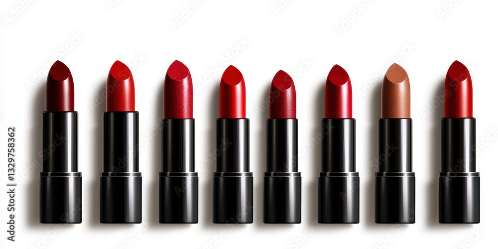 Obraz premium Ten Lipstick Tubes in Red and Brown Shades on White Background