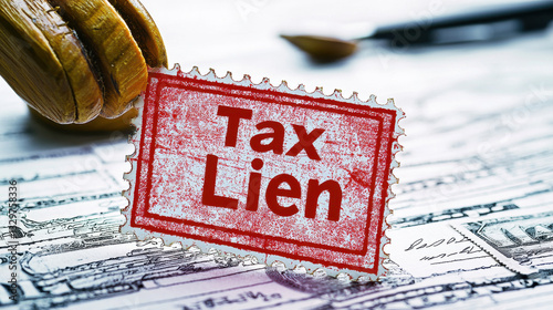 Tax Lien and Property Ownership Concept, Tax lien stamp in red on white background, symbolizing financial obligations
