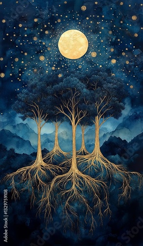 Mystical trees under a starry night sky. Nature’s Sacred Tree