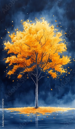 Vibrant autumn tree by tranquil water. Tree of Life and Spiritual Liberation