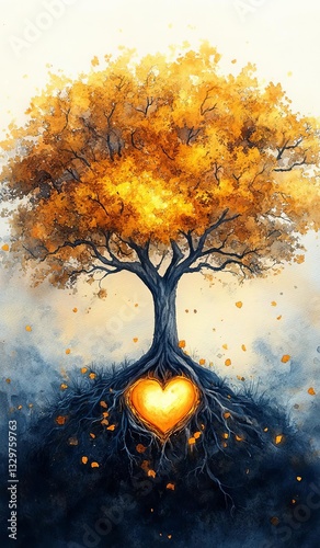 Heart-shaped roots of a vibrant autumn tree. Nature’s Sacred Tree