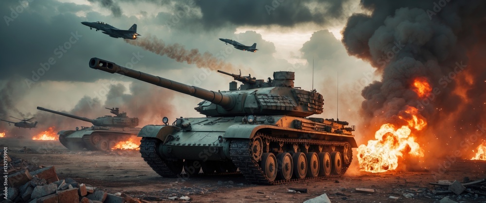 Tanks and aircraft charge into combat on torched and besieged terrain.