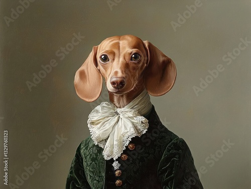 Dachshund dog in green velvet noble coat with lace cravat posing for an aristocratic vintage portrait
