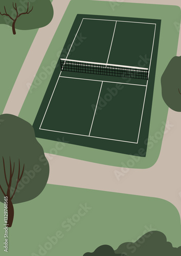 Tennis Court Scene. A detailed view of an empty tennis court, emphasizing sports and recreational spaces within the park. Flat vector illustration.