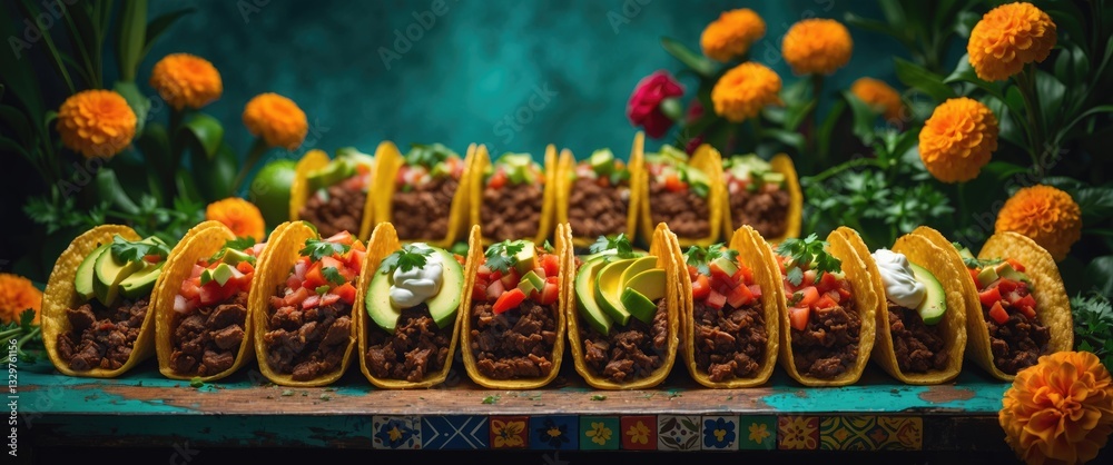 Naklejka premium Exquisite Taco Feast: A Detailed and Realistic Culinary Delight Arranged on a Table