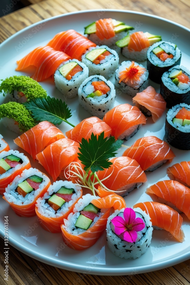 Φωτογραφία Sushi is a traditional dish made from rice flavored with rice vinegar, sugar, and salt, paired with various ingredients like raw fish, seafood, and vegetables