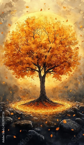 Majestic autumn tree with golden leaves. Tree of Life and Spiritual Liberation