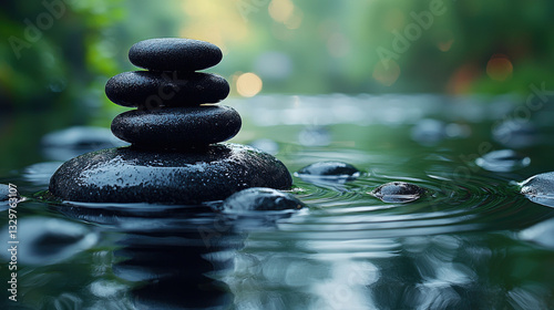 Tranquil zen stones balancing on water surface serene nature scene close-up view peaceful environment