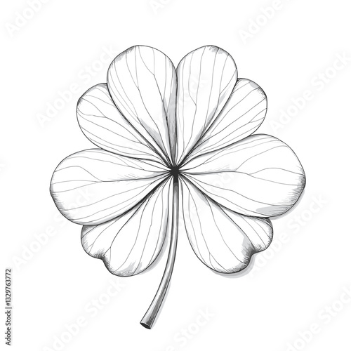 A precise and detailed pencil sketch of a four-leaf clover, showcasing the intricate vein structure of the leaves. The delicate lines create a sense of both fragility and strength.