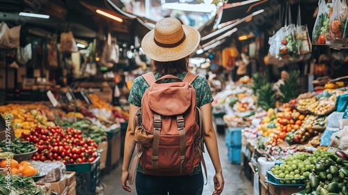 A backpacker exploring a local market in a foreign country
