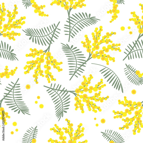 Spring seamless pattern with mimosa flowers on white background. Great for fabrics, especially for linens, wrapping papers, wallpapers, covers.