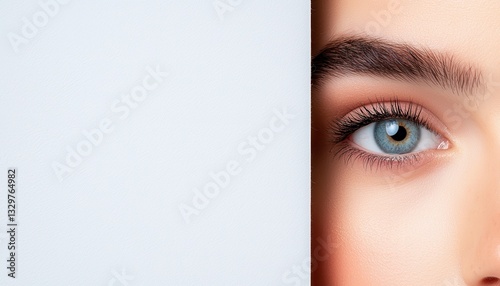 Close-up of a blue eye peeking around a white edge, symbolizing curiosity and vision.